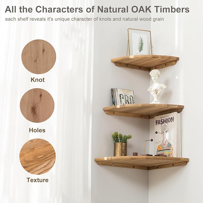 Corner Shelf, 12inch Solid Oak Wood Floating Corner Shelves Wall Mount Round - Image 7