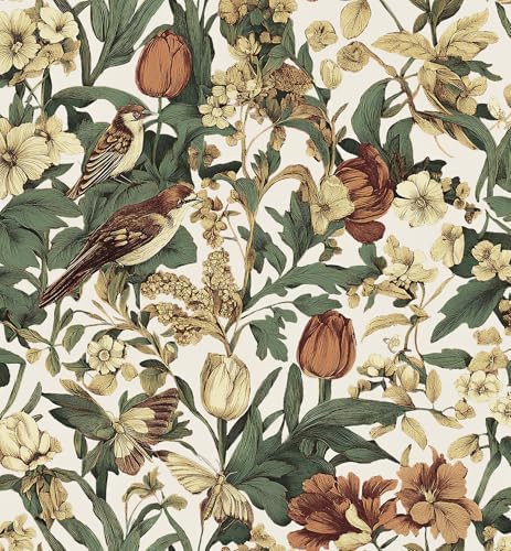 Erfoni Floral Birds Wallpaper Vintage Floral Peel and Stick Wallpaper Beige by Erfoni