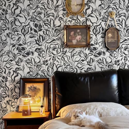 Ismoon Black and White Wallpaper Peel and Stick Floral Contact Paper 17.3in x - Image 2