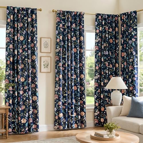 jinchan Dark Blue Floral Blackout Curtains 96 Inch Back Tab 2 Panels - Image 4