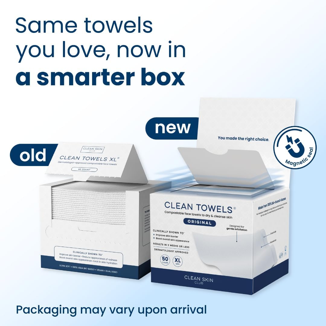 Clean Skin Club Clean Towels XL®, 100% USDA Biobased Face Towel, Disposable Face Towelette, Eczema Association Accepted, Makeup Remover Dry Wipes, Ultra Soft, 50 ct per pack, 4 Packs, 200 Ct Total
