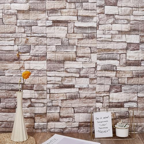 CRASPIRE 10Pcs 3D Faux Stone Peel and Stick Wall Tan Tile Panels 11.8x11.8in - Image 3