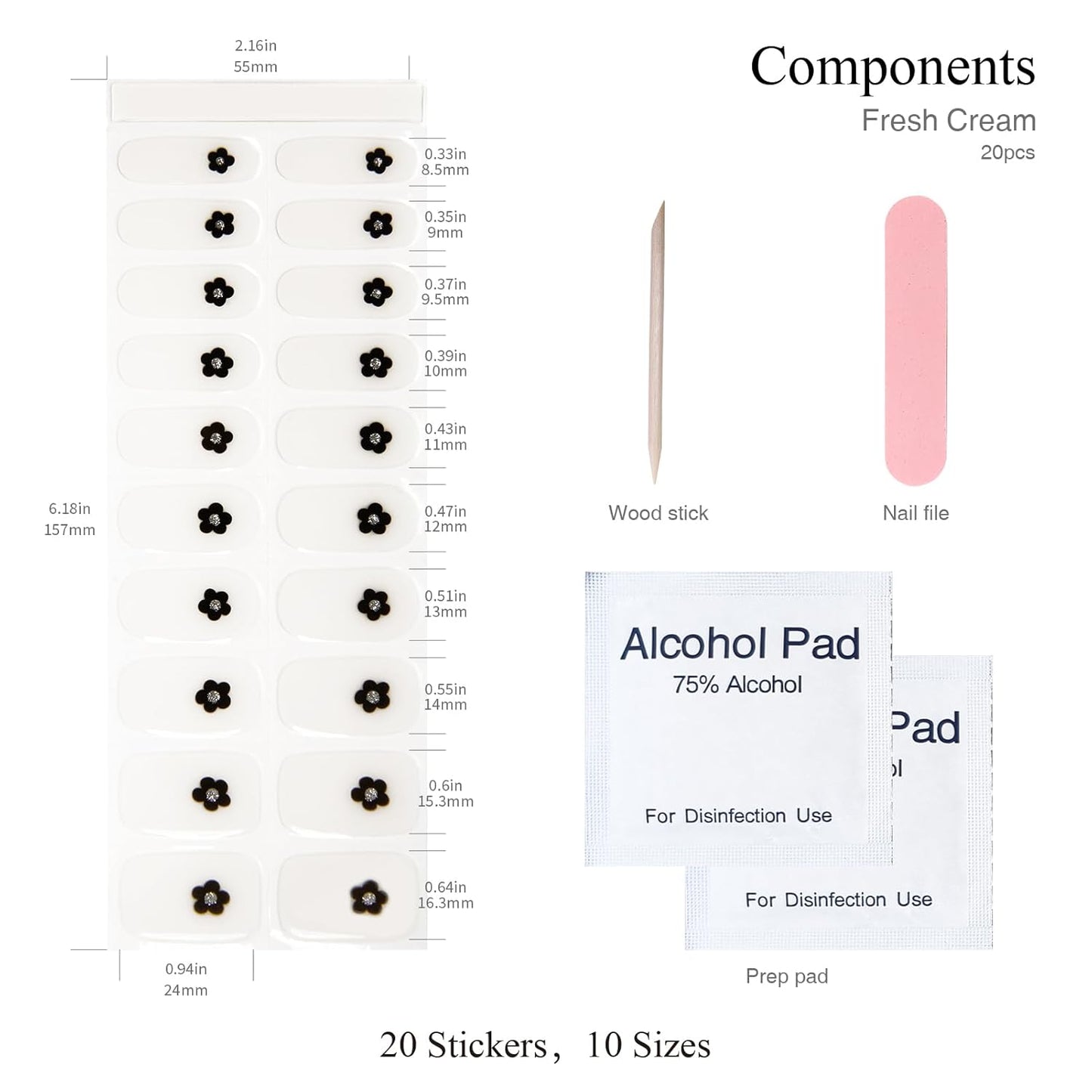 Semi Cured Gel Nail Strips, 20 PCS Gel Nail Stickers Work with UV Light, Gel Nail Wraps, Salon Quality & Easy to Use - Midnight Floral