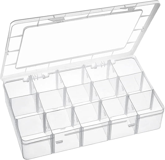 15 Large Grids Plastic Organizer Box with Dividers, Clear Compartment Container Storage for Washi Tapes Beads Crafts Jewelry Fishing Tackles, Size 11 x 6.3 x 2.2 in