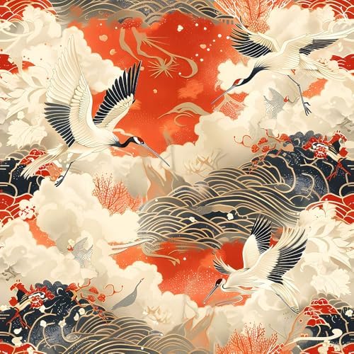 MuralPeel Vintage White Red Yellow Crane Bird Mountain Cloud Wave Chinese Peel by MuralPeel