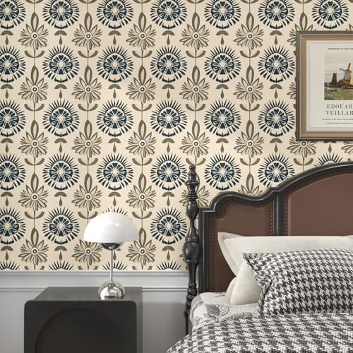BOKEBEVE Boho Floral Peel and Stick Wallpaper Beige Blue 17.5 x 78.5In - Image 6