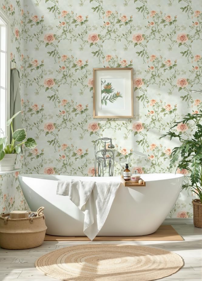 Floral Peel and Stick Wallpaper Green and Orange Flower Wall Paper Vintage - Image 2