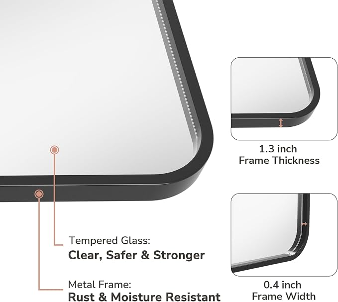 USHOWER 2-Pack Black Bathroom Mirrors Over Sink 22 x 30 Inch, Metal Frame - Image 3