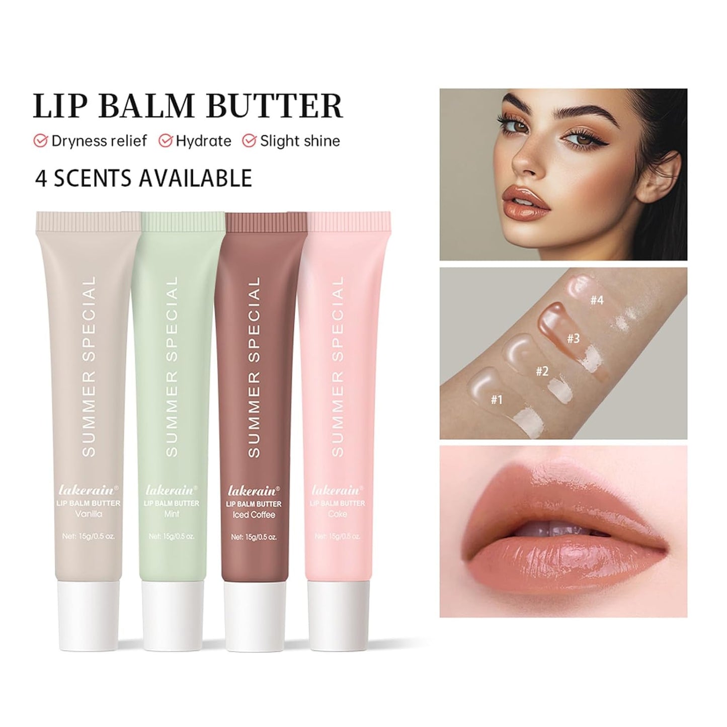 Summer Lip Butter Balm,Moisturizing Hydrating Lip Gloss Balm Set,Long-lasting Non-Sticky Nourishing Lip Care with Natural Ingredients for Soothing Softening Lips(#1-Vanilla)