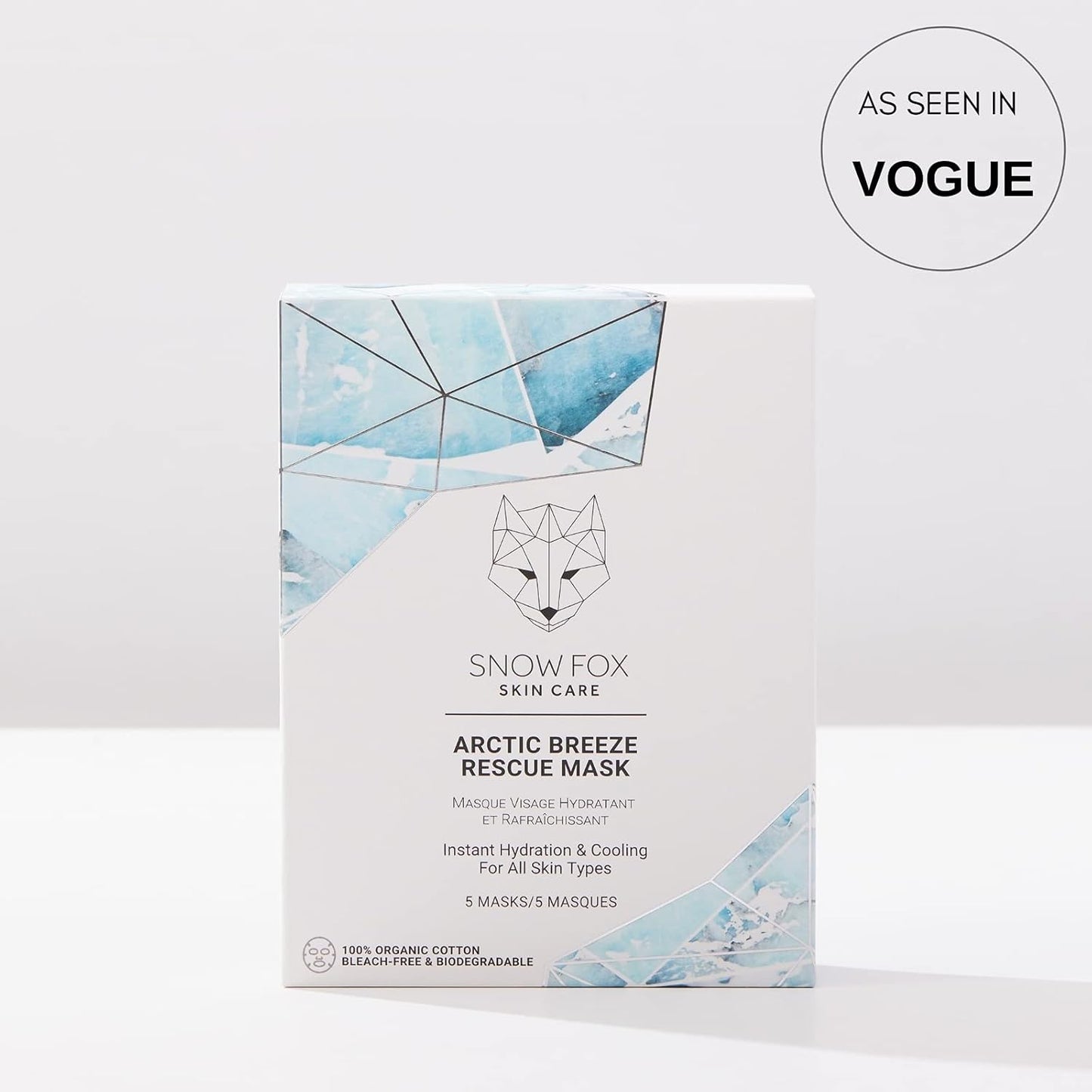 Snow Fox Skincare - Arctic Breeze Rescue Mask - Peppermint Oil, Aloe Vera, Seaweed Extract | Hydrating, Soothing Skin Redness & Irritation | Post-Sun Recovery | Premium Organic Cotton - 5 Pack
