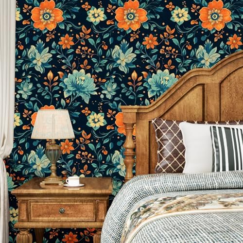 BOKEBEVE Vintage Floral Wallpaper Peel and Stick Blue Orange 17.5 x 118In - Image 2