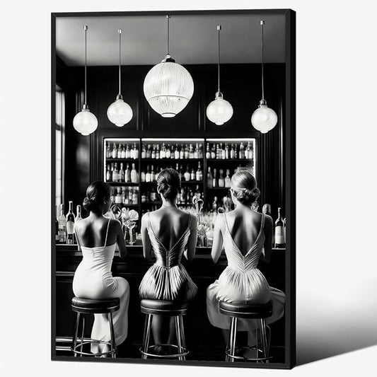 Vintage Black and White Black Framed Wall Art Trendy Women Drink Cocktail by FuSatisYilife