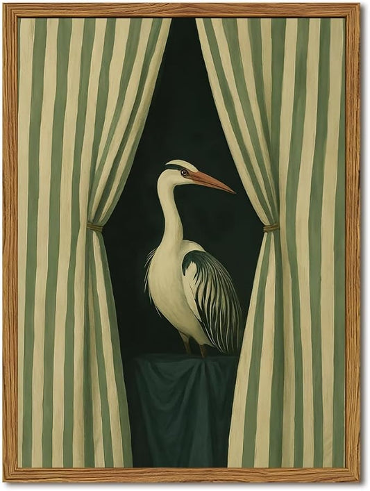 Framed Moody Heron Wall Art, Eclectic Vintage Bird Pictures Wall Decor Paintings by Unknown