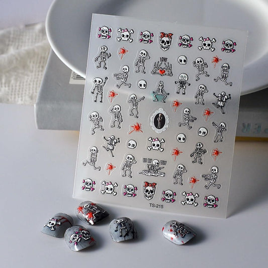 Halloween Nail Art Stickers 5D Embossed Skull Blood Skeleton Nail Stickers, Self-Adhesive Durable Nail Art Decals for Women Girls, Nail Wraps Decoration Manicure for DIY Acrylic Nail Accessories