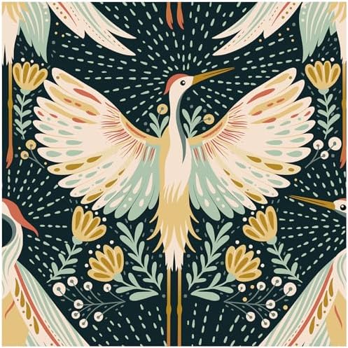HAOKHOME Crane Bird Wallpaper Peel and Stick Navy Boho Chinoiserie Japanese by HAOKHOME