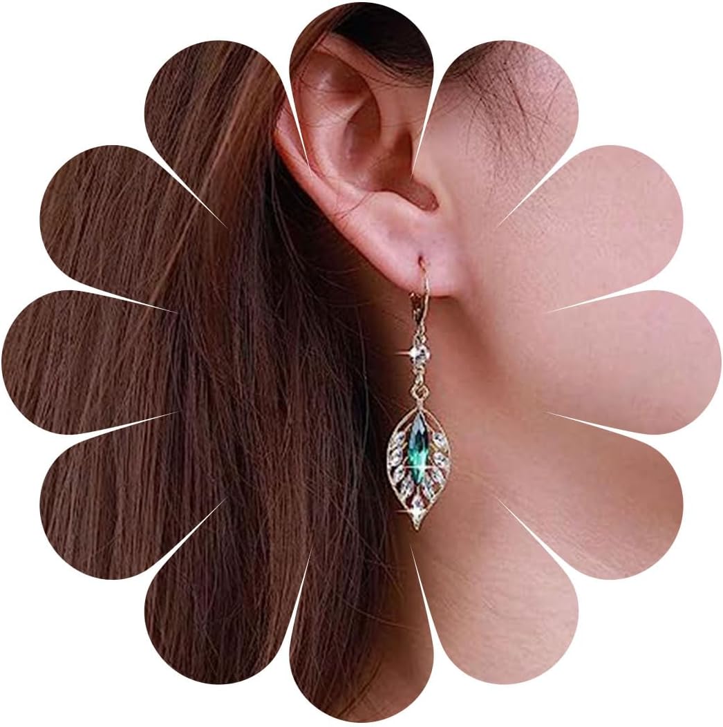 Vintage Crystal Emerald Leaf Dangle Earrings Green Rhinestone Leaf Drop Earrings Green Cz Leaf Earrings Crystal Leaf Hoop Earrings Jewelry for Women