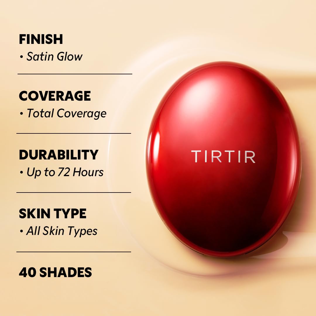 TIRTIR Mask Fit Red Cushion Foundation | Full coverage, Weightless, Skin fit, Satin Glow Finish, Korean Makeup BB Foundation, beauty, Tattoo cover up, Buildable (#13C Fair, 0.63 Fl Oz)