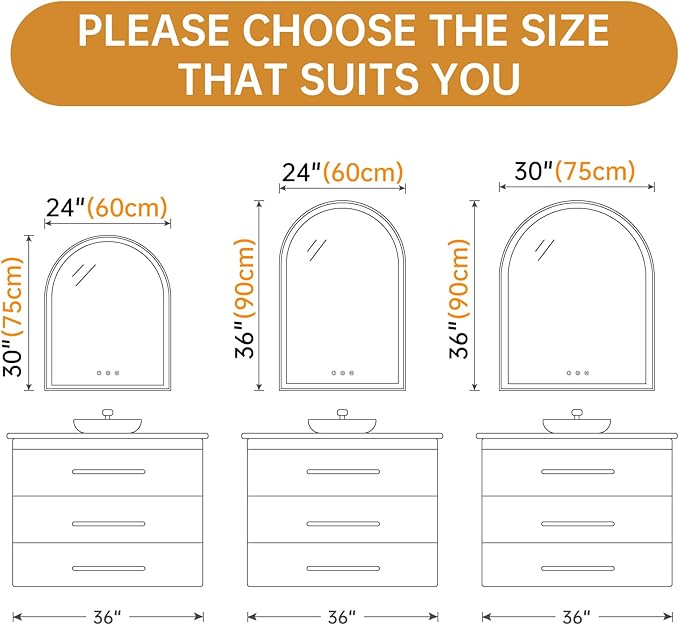 Arched LED Mirror for Bathtoom 24"x36", Shatterproof, Touch Sensor, 3 Color - Image 2