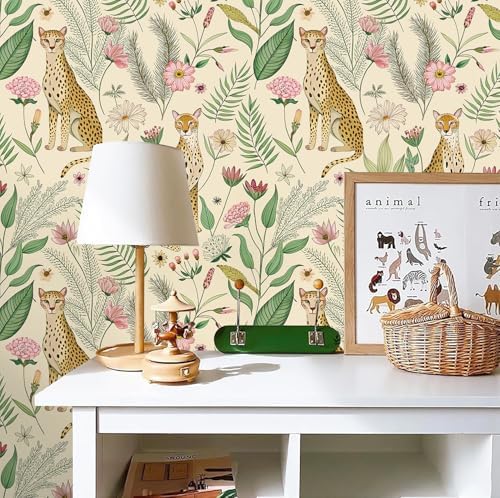 Floralplus Wallpaper Peel and Stick Removable Floral Cheetah Wallpaper Tropical - Image 5