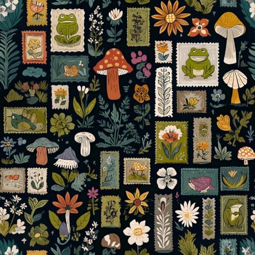 Vintage Stamp Peel and Stick Wallpaper, Mushroom Botanical Wallpaper by Unknown