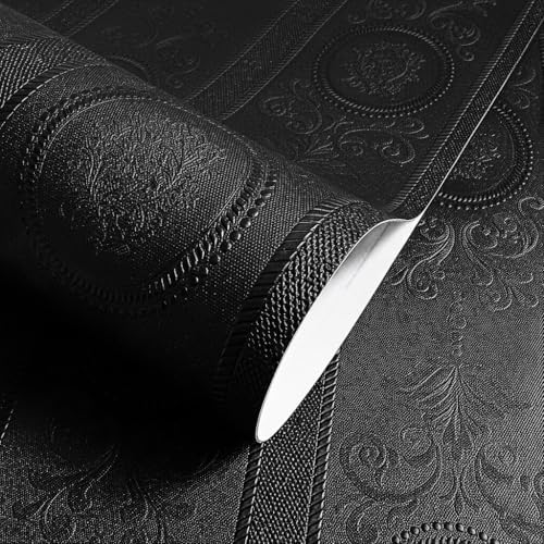 JiffDiff Black 3D Embossed Textured Peel Stick Wallpaper 17.3"x800" by wallpaper