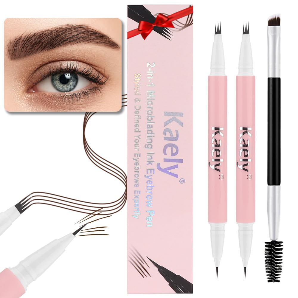 evpct 2Pcs Dark Brown Magic Microblading Dual-Ended Eyebrow Contouring Pen Brow Pencil, with 4 Brush Micro-Fork-Tips Applicator and Precise Brush-Tip, Hair Like Strokes, Dual-ended Eyebrow Brush