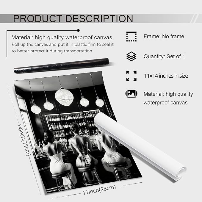 Vintage Black and White Canvas Wall Art Trendy Women Drink Cocktail Posters - Image 2