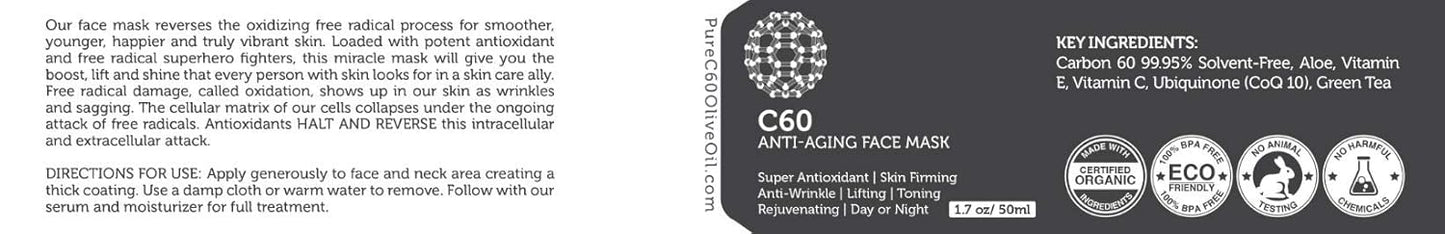 C60 Anti-Aging Face Mask 50ml with Green Tea, Aloe, Ubiquinone (CoQ 10), Vitamin E and Vitamin C for Men & Women Made with Organic Ingredients - From The Leading Global Producer