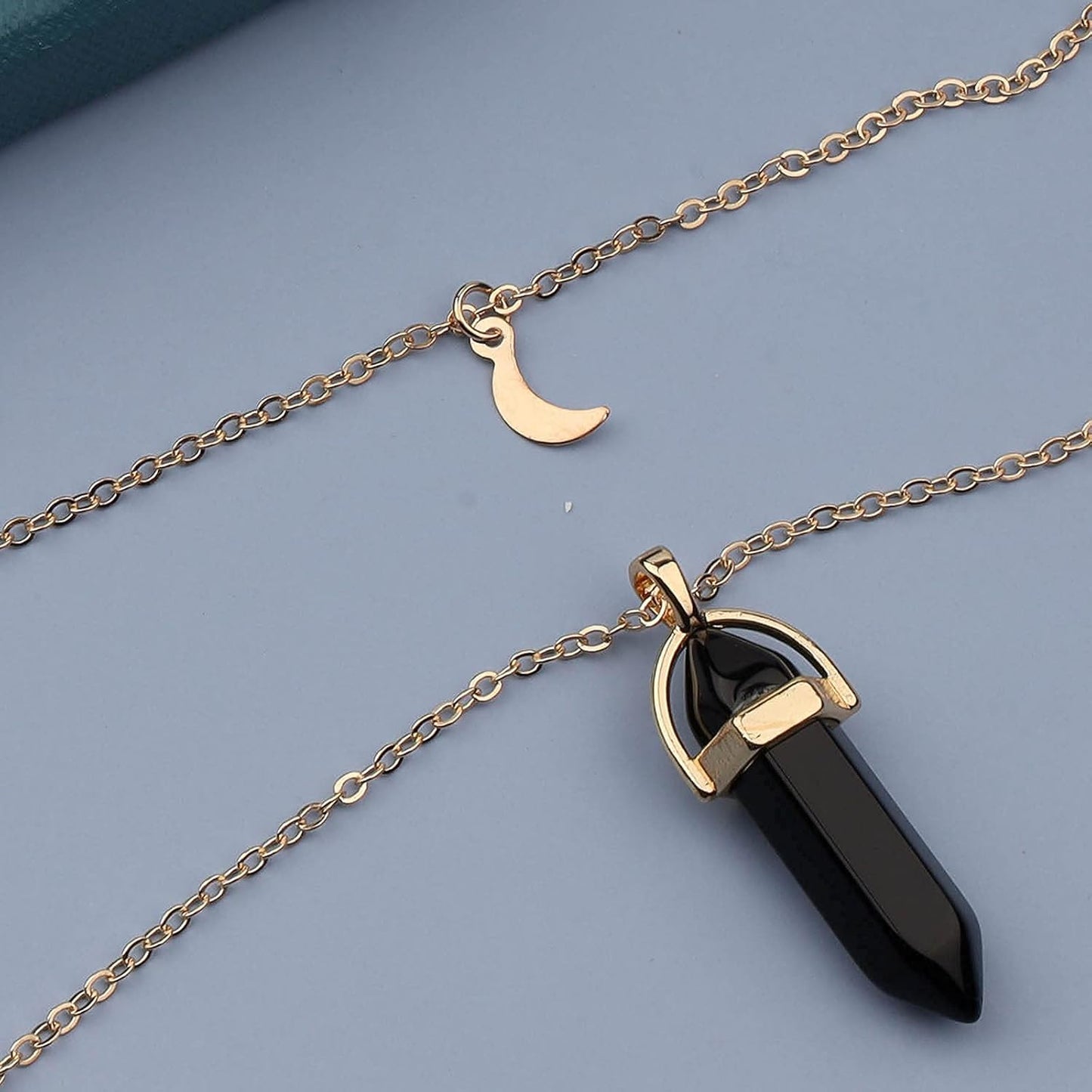 Boho Layered Moonstone Necklace Chain Gold Moon Pendant Necklace Black Hexagonal Stone Necklace Jewelry for Women