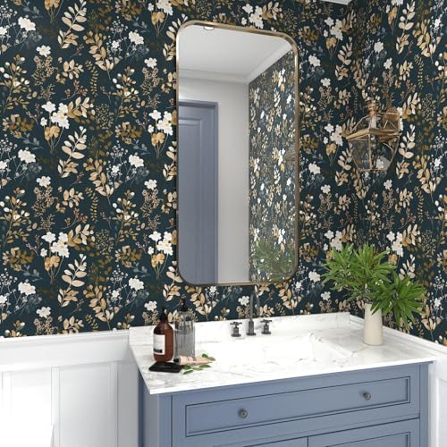 Laatse Vintage Dark Navy Gold Floral Peel and Stick Wallpaper 17.5"x787" - Image 5