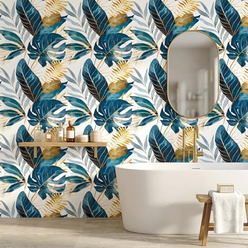 ReWallpaper Tropical Peel and Stick Wallpaper Blue Gold Leaf Wall Paper - Image 4