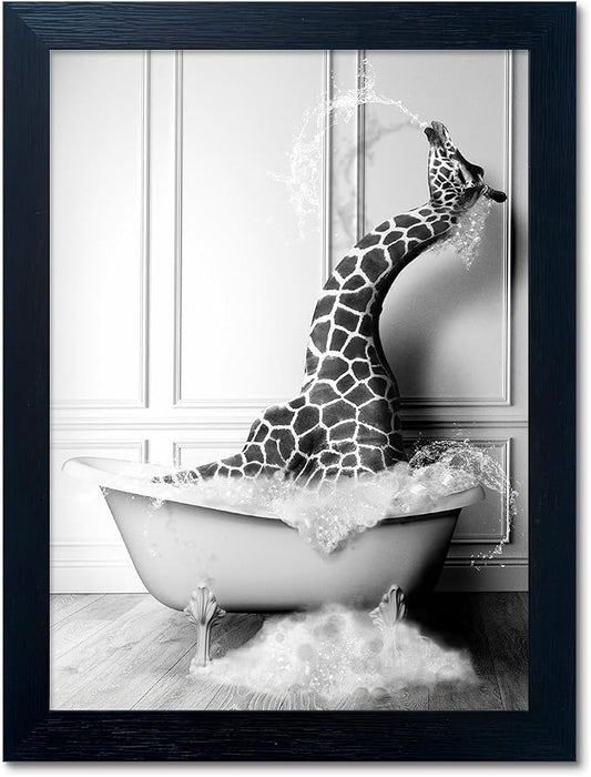 Black and White Bathroom Wall Decor Funny Giraffe in Bathtub Decor Framed by Melpa+Art