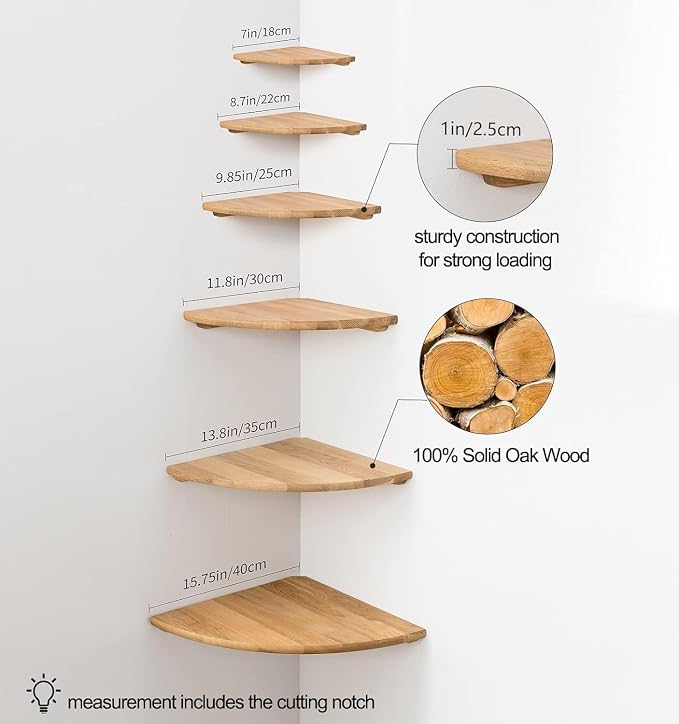 Corner Shelf, 16inch Natural Oak Solid Wood Floating Corner Shelves Wall Mount - Image 7
