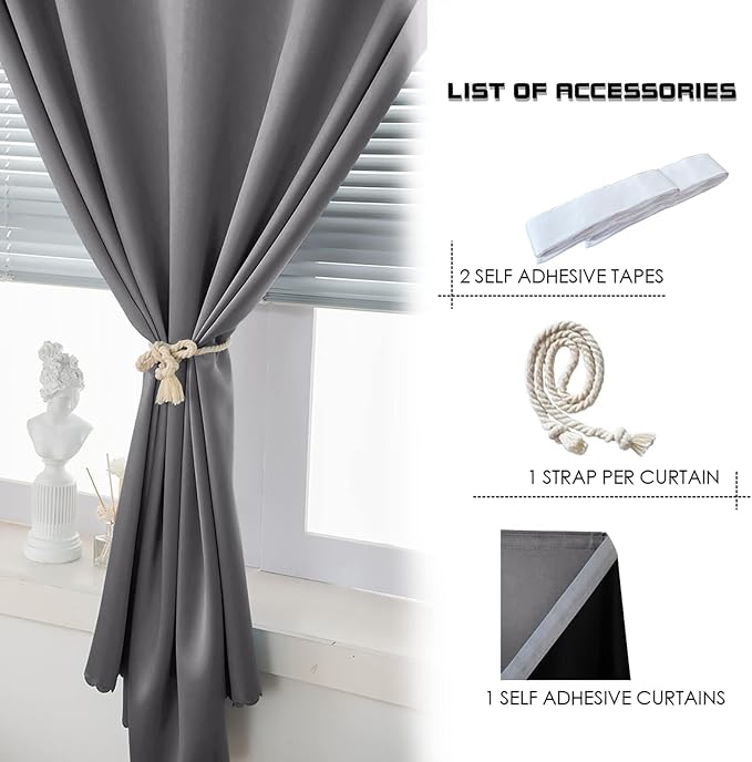 AJAZZ 100% Black Out Curtains Adhesive Blackout Temporary Curtain Rod No - Image 4