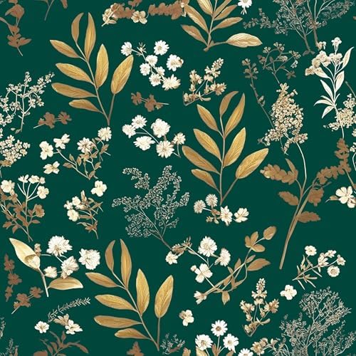 Laatse Vintage Dark Green Gold Floral Peel and Stick Wallpaper 17.5"x118" by Laatse