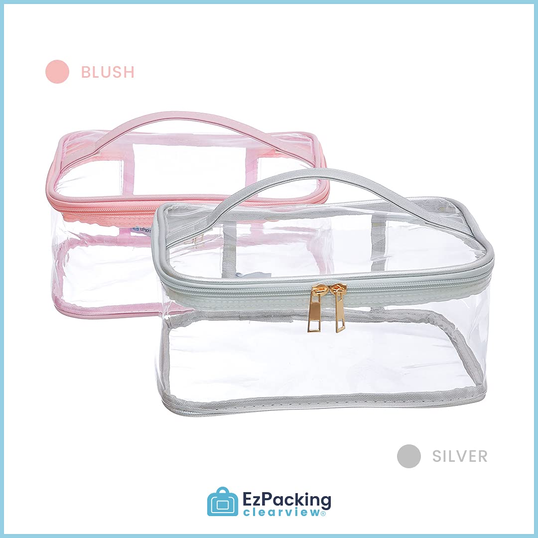 Large Cosmetic Bag for Women / Clear, See-Through Makeup, Hair & Nail Accessories Pouch for Travel or Home / Transparent PVC Plastic Organizer, Spacious Interior, Handle & Double Zippers (Blush)