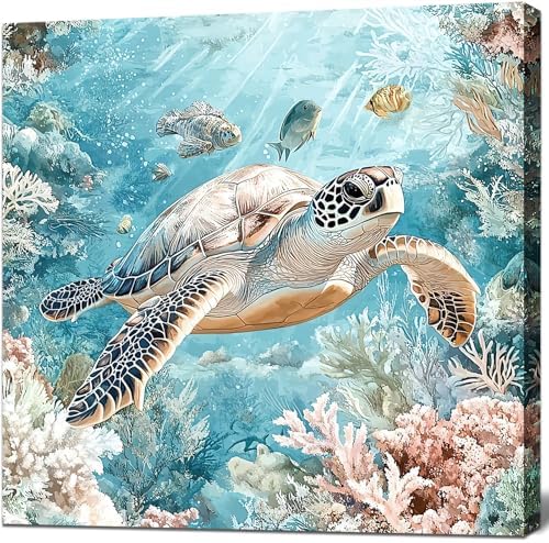 Sea Turtle Bathroom Wall Decor Ocean Theme Framed Canvas Wall Art Coastal by Unknown