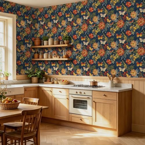 BOKEBEVE Vintage Floral Wallpaper Peel Stick Butterfly Blue 17.5 x 118In - Image 3