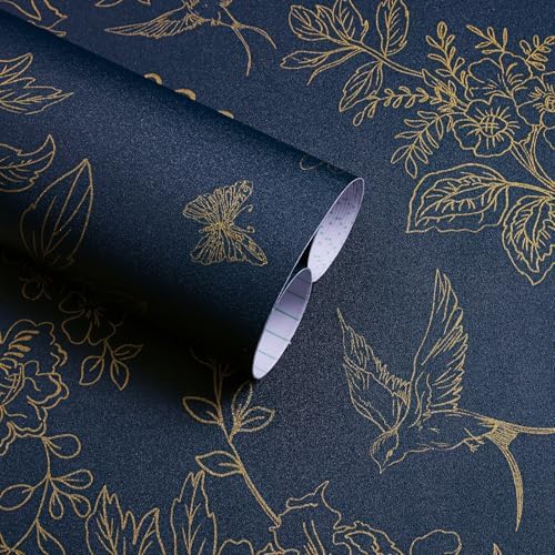 Froluya Dark Blue Peel and Stick Wallpaper Vintage Floral 17.7in×393.7in by Froluya