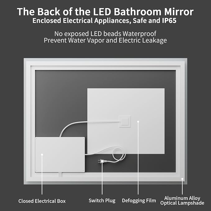 Koonmi 36"x30" LED Mirror for Bathroom, 90CRI Anti-Fog Vanity Mirror - Image 5