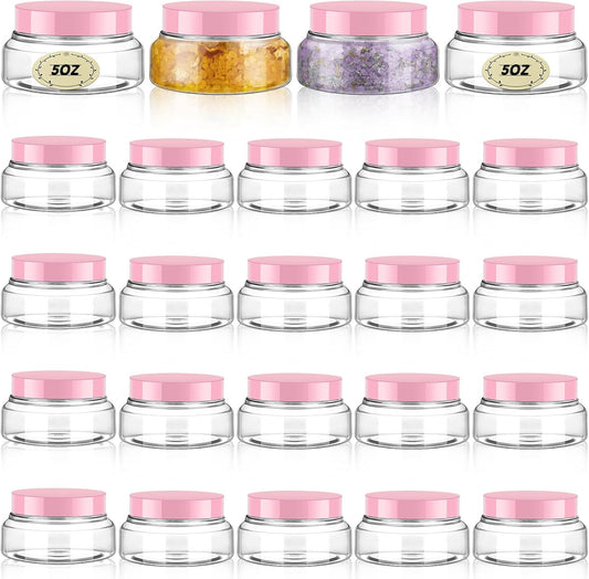 Tessco 24 Pack Plastic Jars with Lids Labels Empty Clear Plastic Jars Round Refillable Cosmetic Containers Body Butter Containers Bulk Sugar Scrub Bottle for Make Up(5 oz,Clear, Pink)