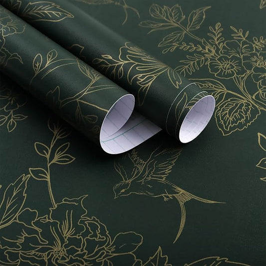 Froluya Dark Green and Gold Wallpaper Floral Peel and Stick Wallpaper by Froluya
