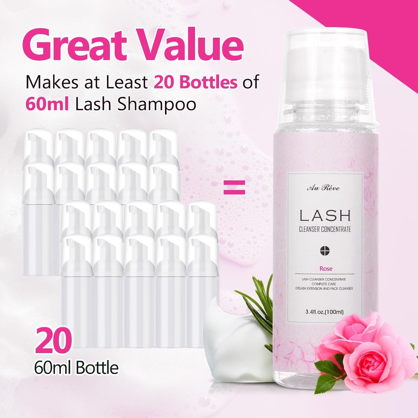 Eyelash Cleanser Concentrate 100ml Lash Extension Shampoo Oil-Free Eyelash Extension Shampoo with Salon Home Care -Makes 20 Bottles 60ml Lash Shampoo, Rose