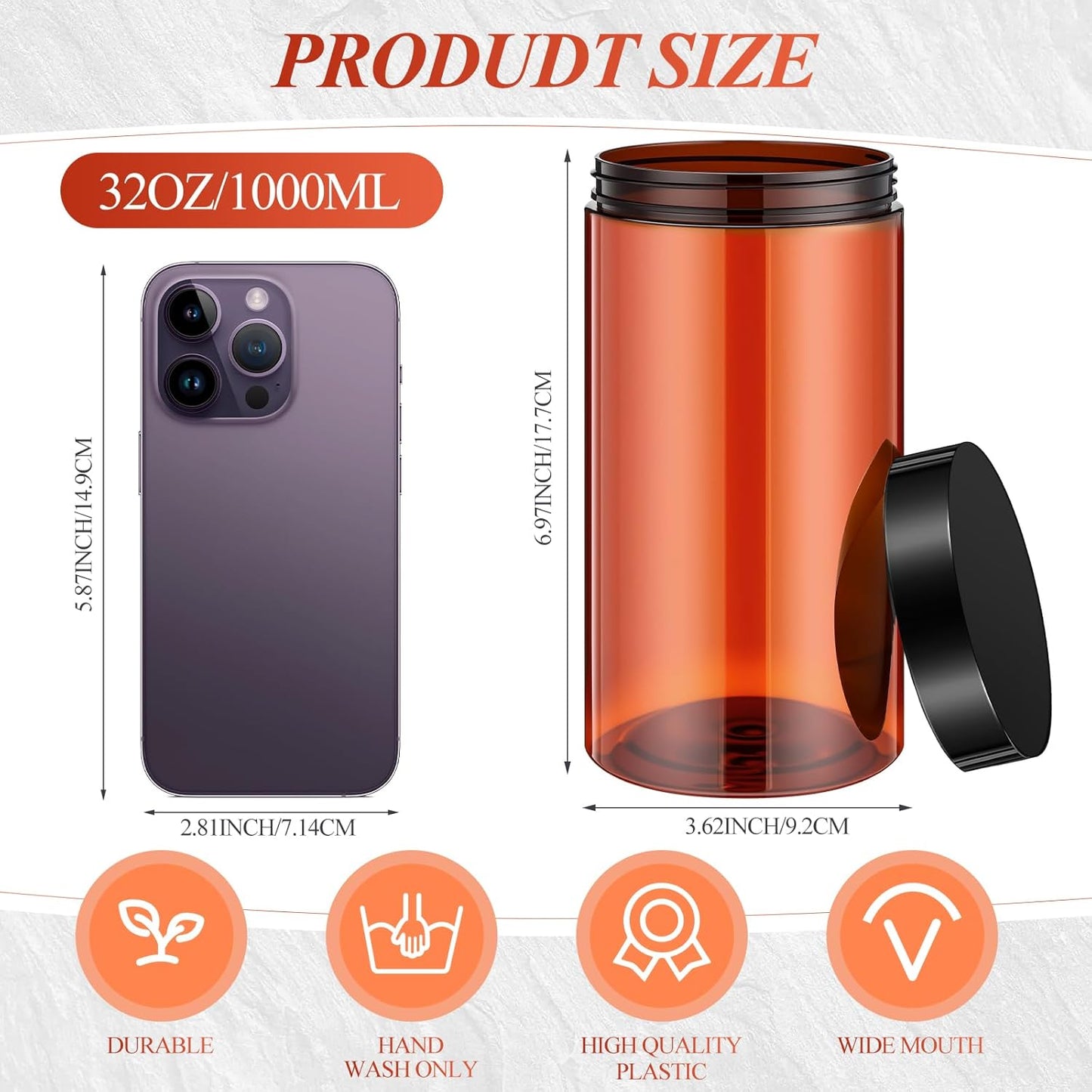 Patelai 4 Pieces Round Wide-mouth Leak Proof Plastic Container Jars with Lids for Travel Storage Makeup Beauty Products Face Creams Oils Salves Ointments DIY Making(32 Ounce,Amber)