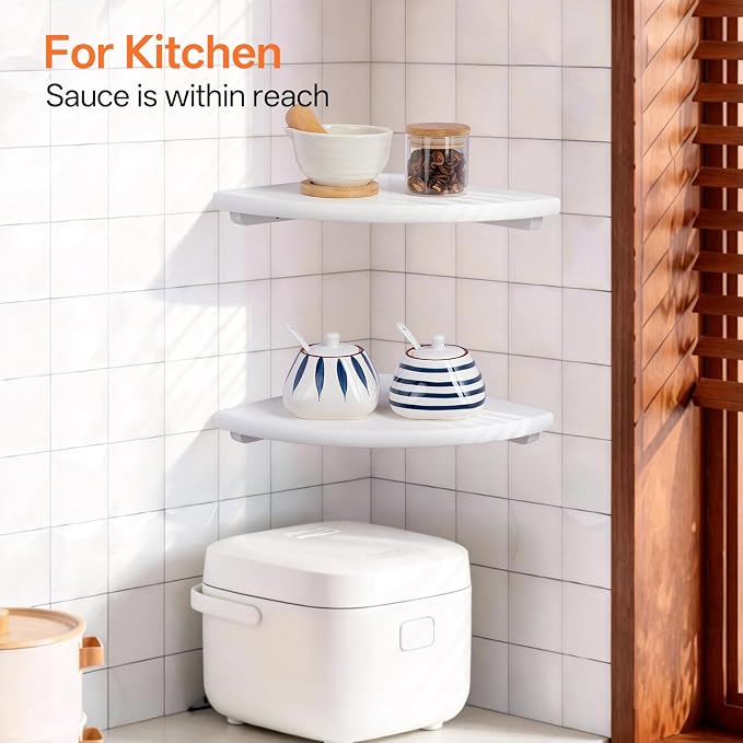 Gieanoo Floating Corner Shelves Set 2 7inch White Solid Oak Rounded Corner - Image 8