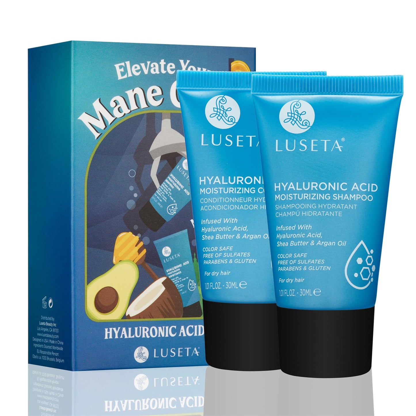 Luseta Hyaluronic Acid Moisturizing Shampoo & Conditioner Set for Dry and Damaged Hair, Sulfate Free Shampoo and Conditioner for Women Infused with Argan Oil and Shea Butter Paraben-Free 2 x 1.01oz