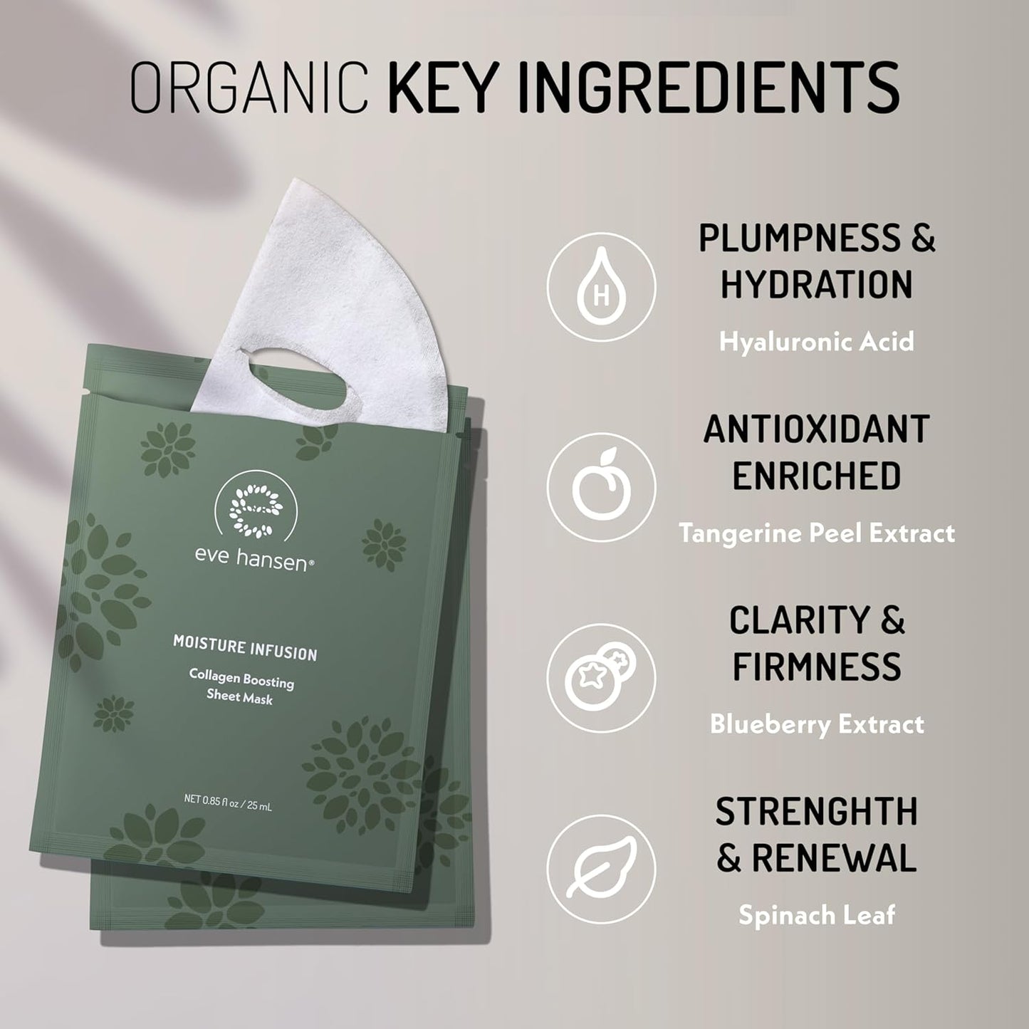 Eve Hansen Collagen Face Mask Sheets Set of 5 – Hydrating & Nourishing Care for All Skin Types – With Hyaluronic Acid, Tangerine Peel, Blueberry Extract & Spinach Leaf