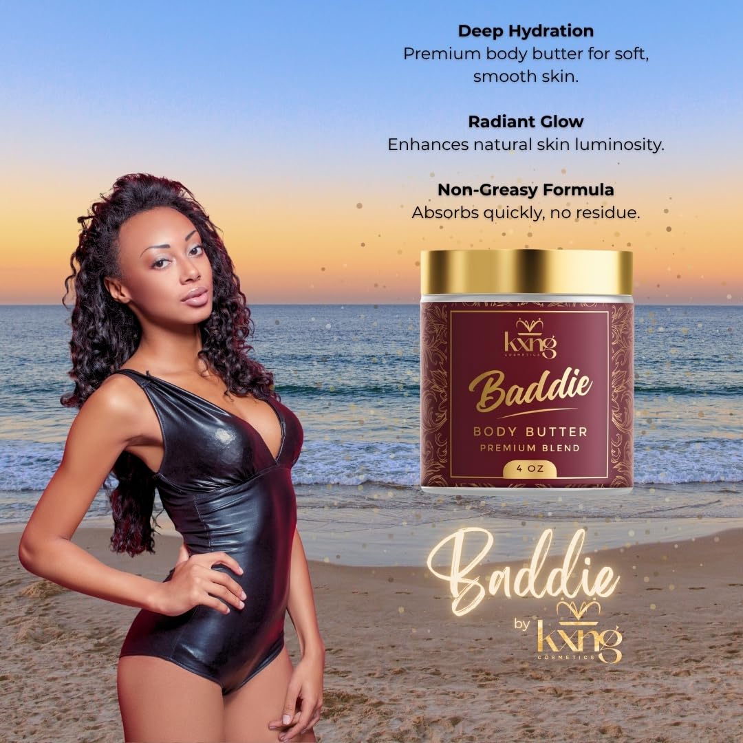 KXNG Cosmetics, Body Butter, Organic Skin Care for Men and Women, Body Moisturizer Lotions and Creams, Raw Shea Butter, Cocoa Butter, Mango, Coconut Oil, Hand, Foot, All Skin Types (Baddie)