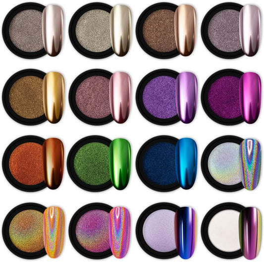 Artdone 16 Jars Chrome Nail Powder Nail Art Fimo Striping Tape Lines Decoration Metallic Mirror Effect Holographic Aurora Chameleon Pigment Powder 1g/Jar Pearl for Resin Craft & Nail Art
