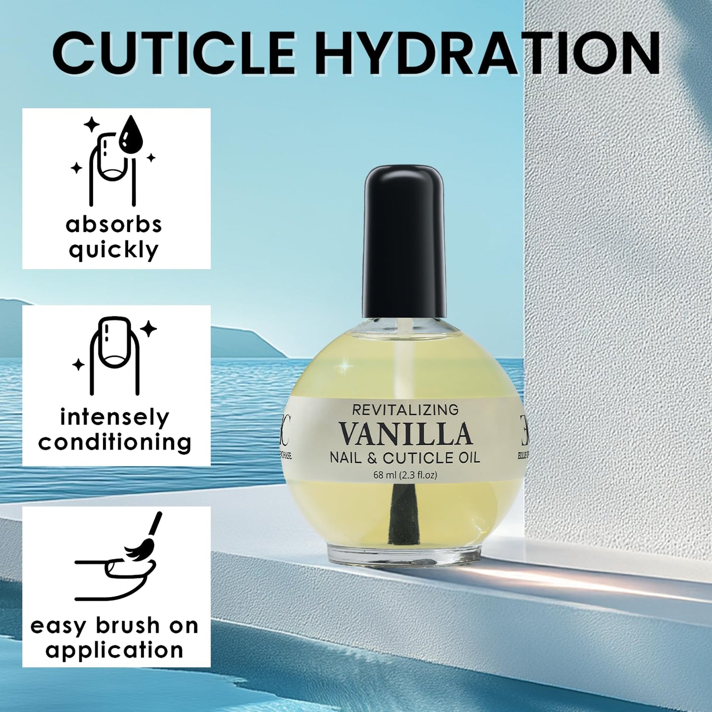 Ellie Chase Moisturizing Cuticle & Nail Care Oil 2.3 Fl Oz - Vanilla Scented – Infused with Jojoba Oil, Aloe, Vitamin E – Nail & Cuticle Hydration, Repair, Moisturizer, Strengthener, Growth